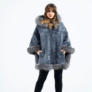 Viola-Silver fur with leather poncho